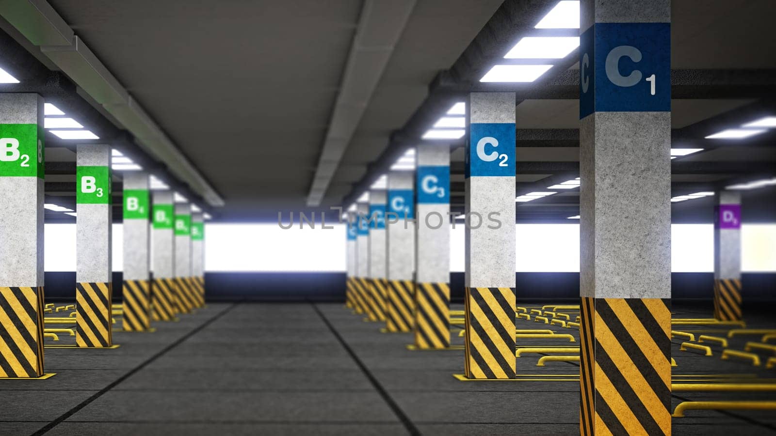 Empty parking lot with signs and guidelines. 3D illustration.