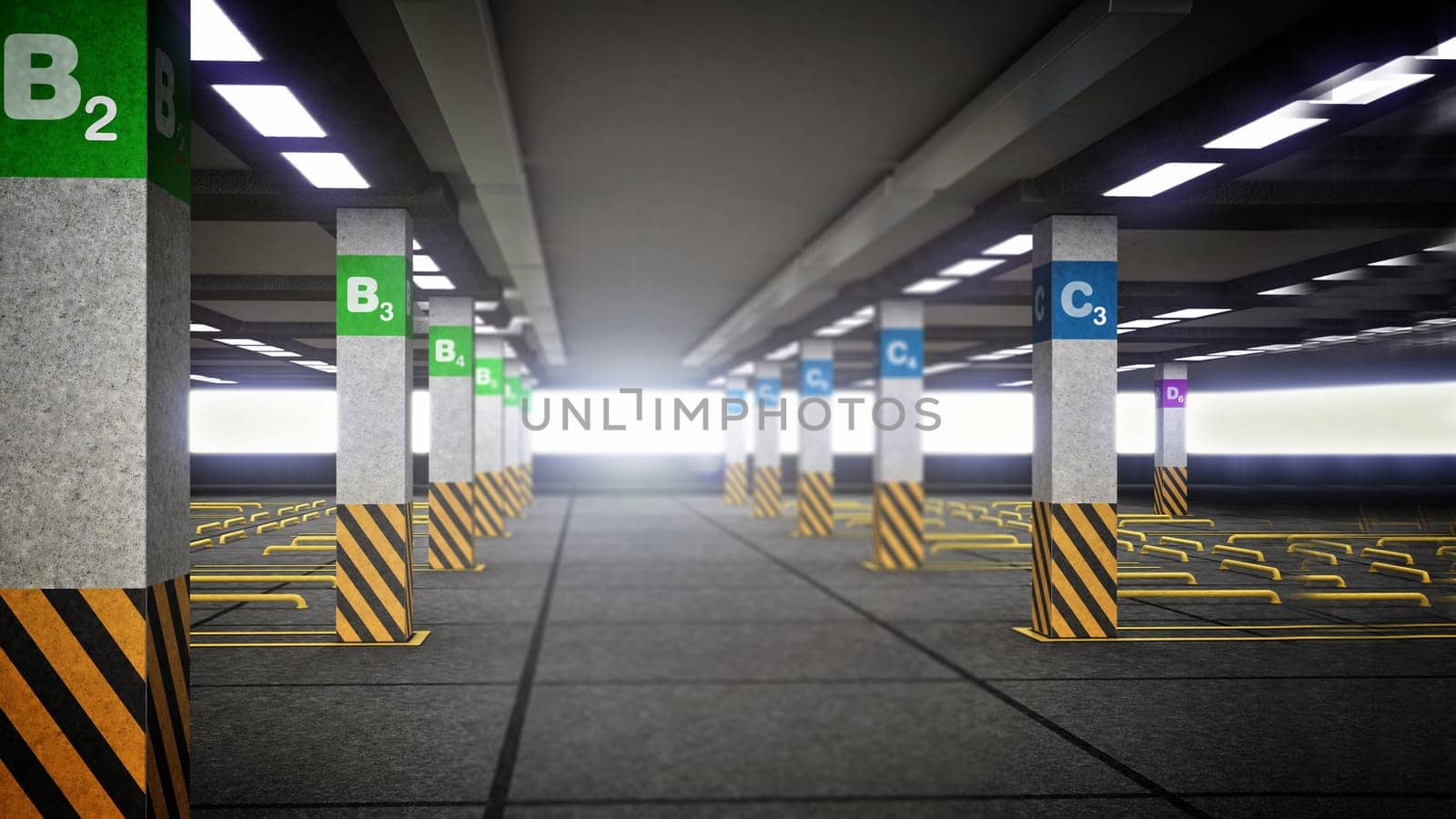 Empty parking lot with signs and guidelines. 3D illustration.