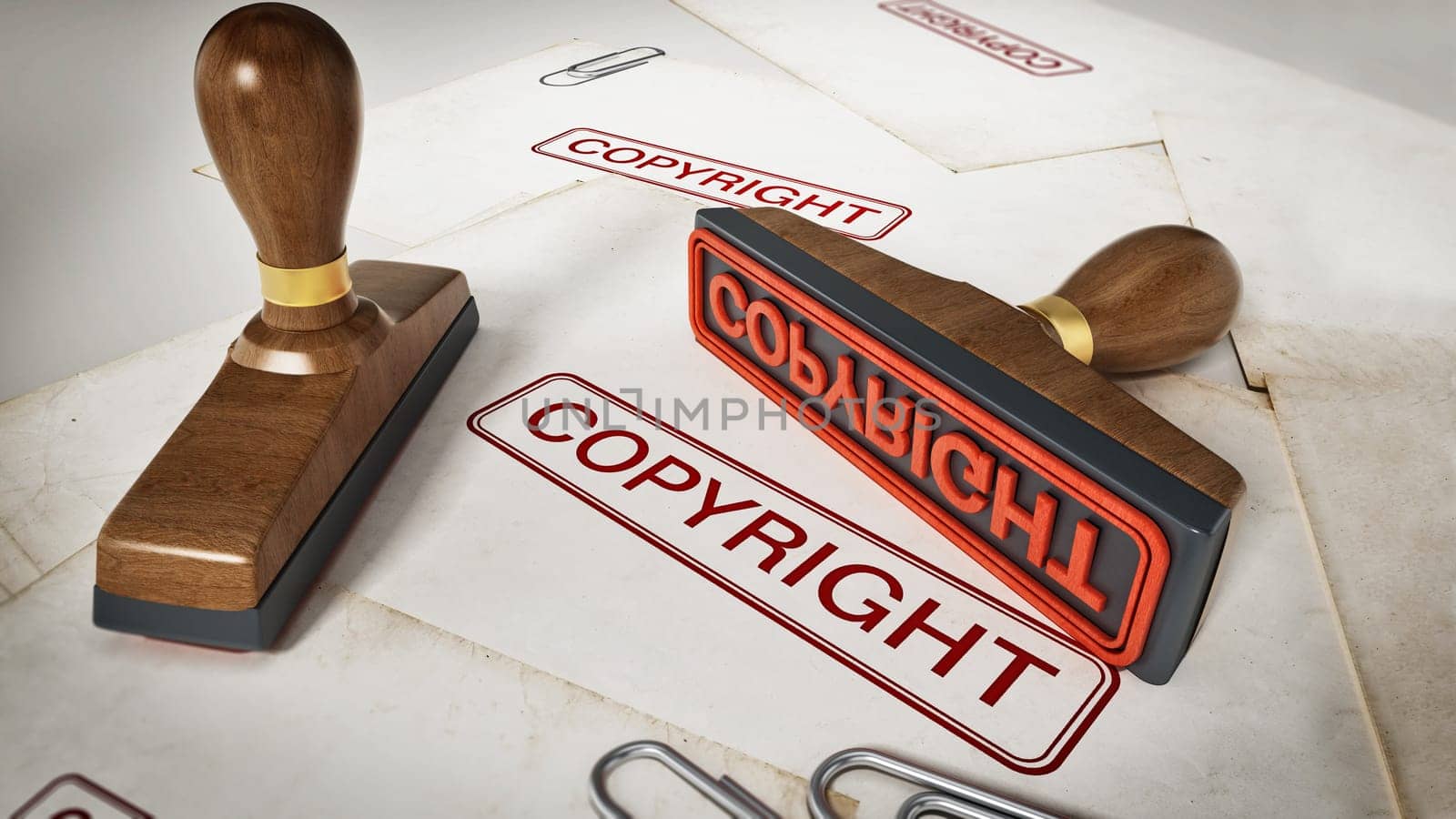 Copyright stamp standing on documents. 3D illustration.