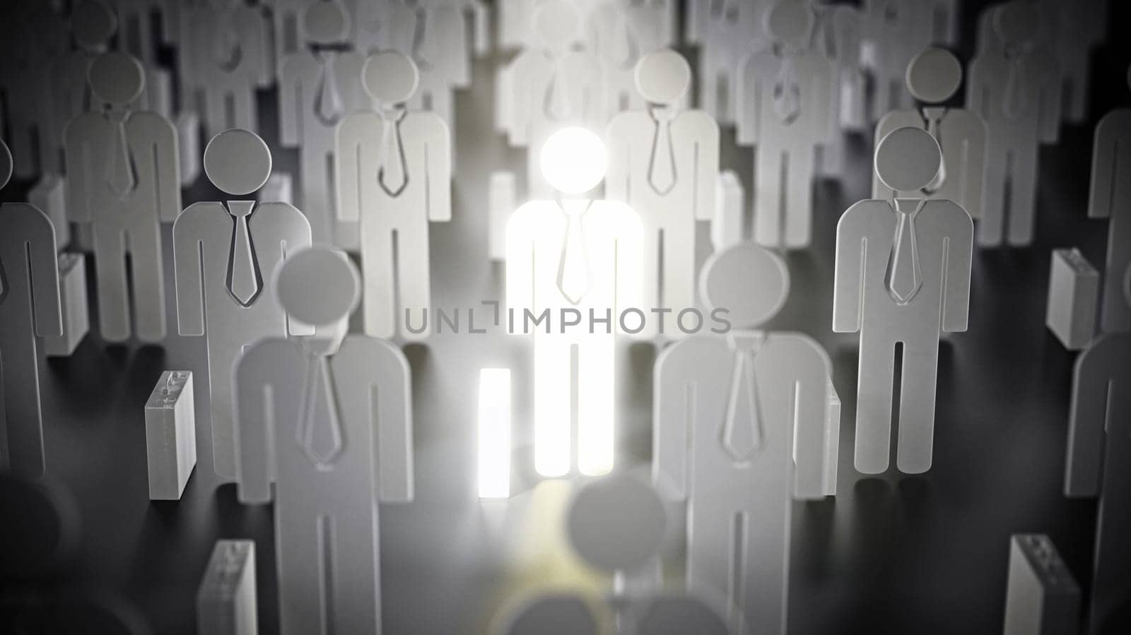 Highlighted businessman standing out among other business people. 3D illustration.