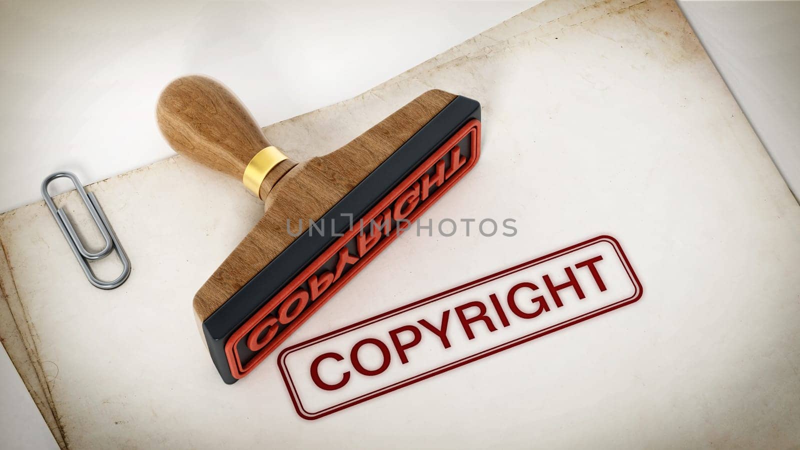 Copyright stamp standing on documents. 3D illustration.