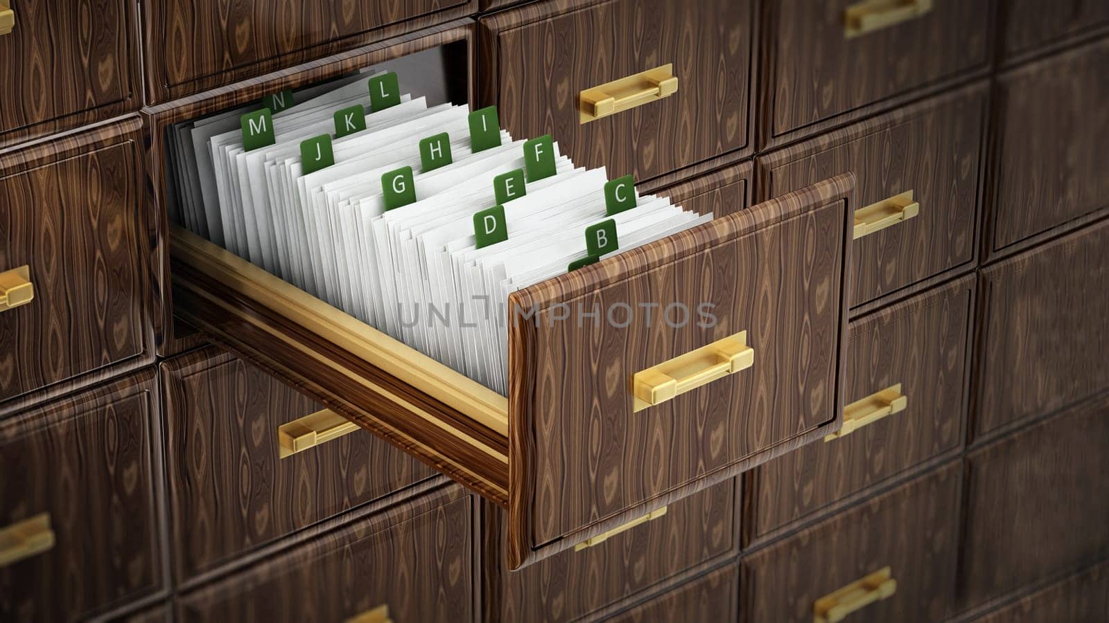 Library catalogue wooden drawer with letters. 3D illustration.