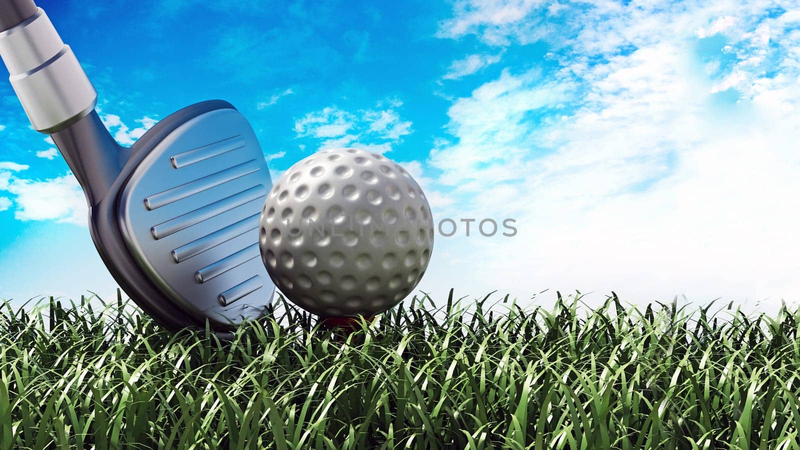 Golf club and ball standing on green grass. 3D illustration.