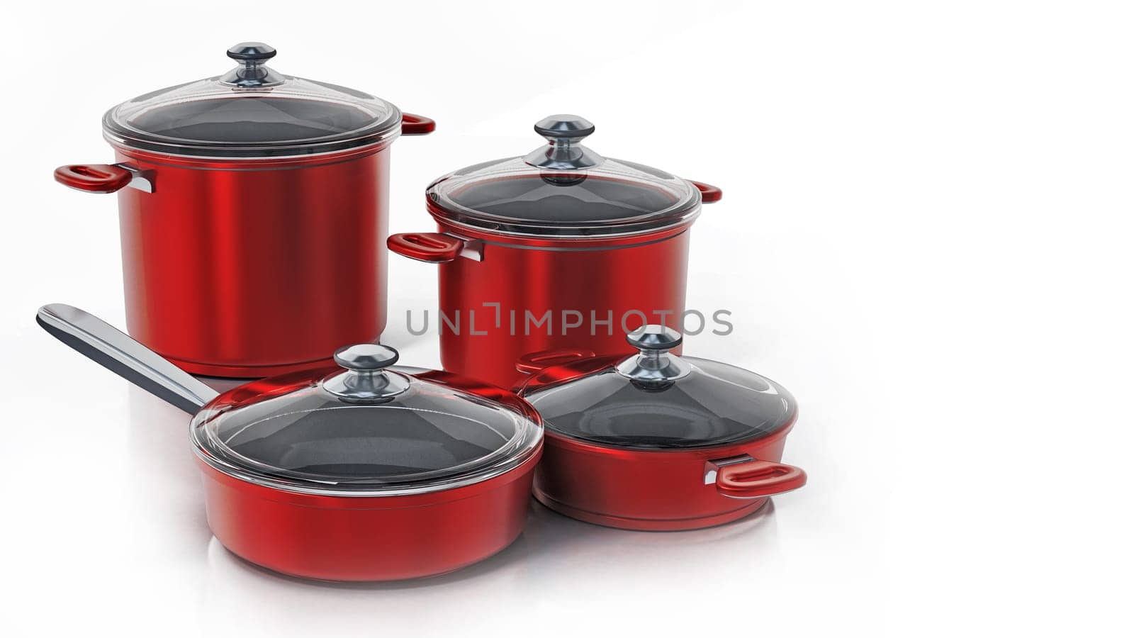 Cooking pots in various size isolated on white background. 3D illustration.