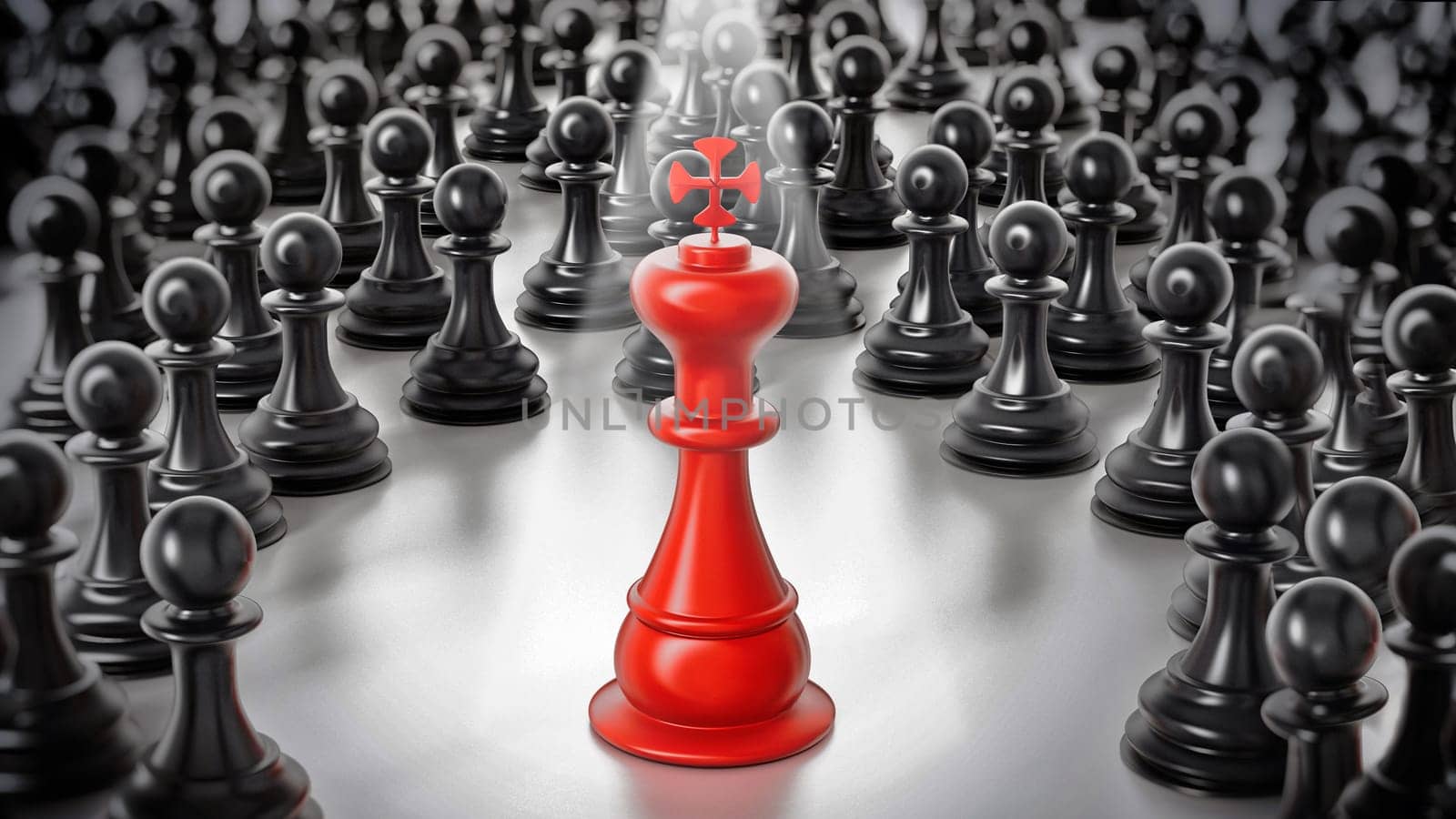Red chess king standing among white pawns. 3D illustration.