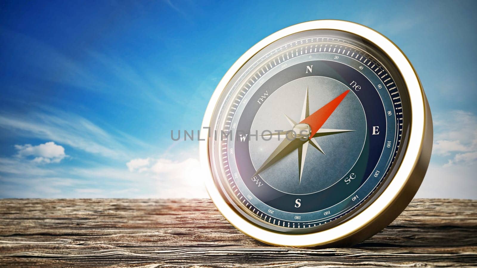 Vintage compass standing on old wood. 3D illustration.