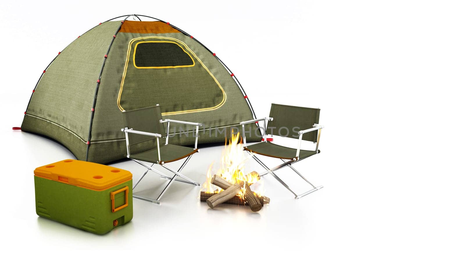 Camping tent, seats, fire and cooler isolated on white background. 3D illustration.