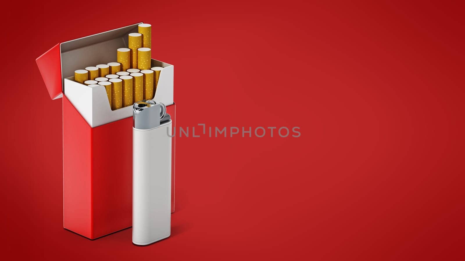 Cigarette box and lighter isolated on white background. 3D illustration.