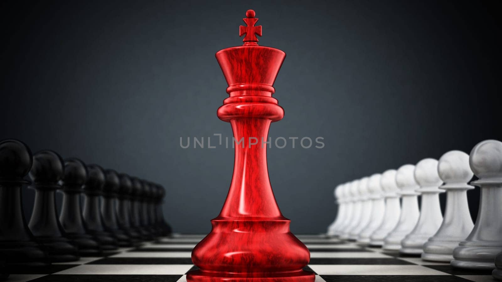Red chess king standing between white and black pawns. 3D illustration.