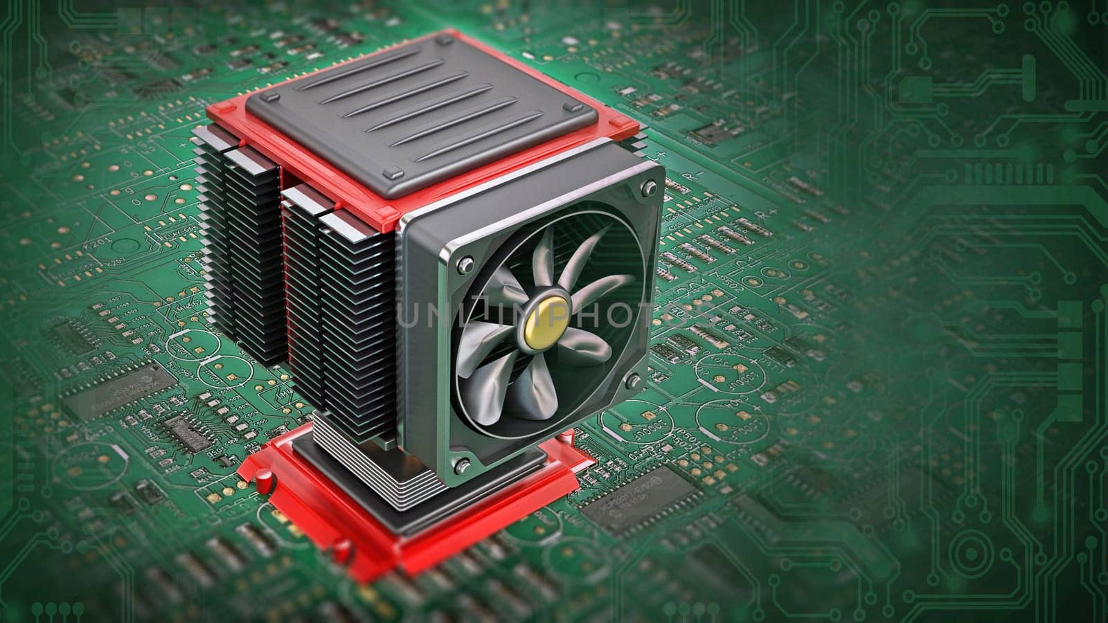 Computer fan and heatsink on CPU. 3D illustration.