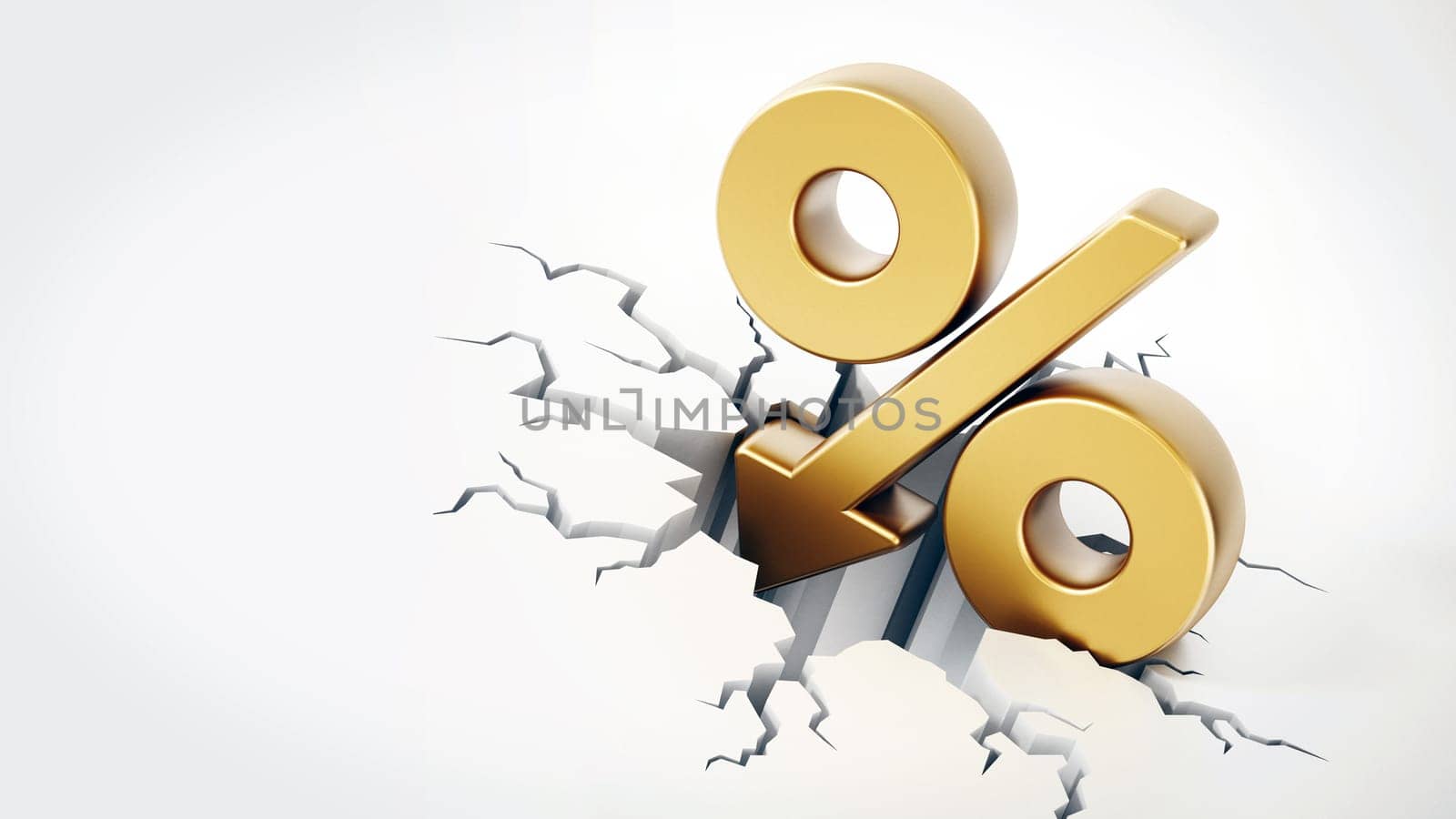 Percentage symbol with arrow on cracked ground. 3D illustration.