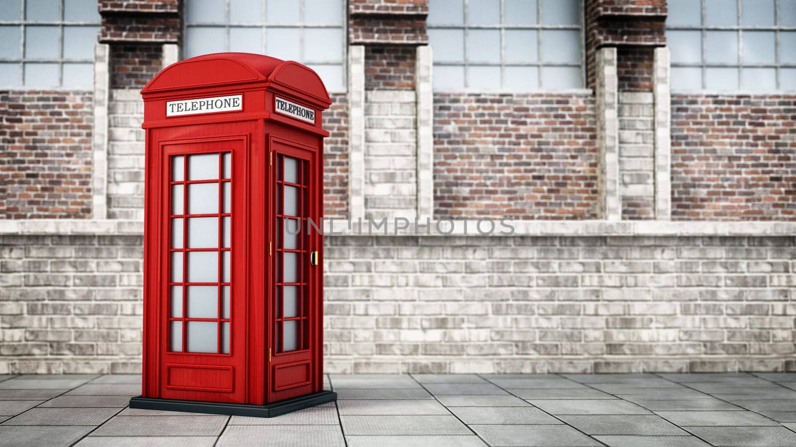 Red British phone booth in the street. 3D illustration.