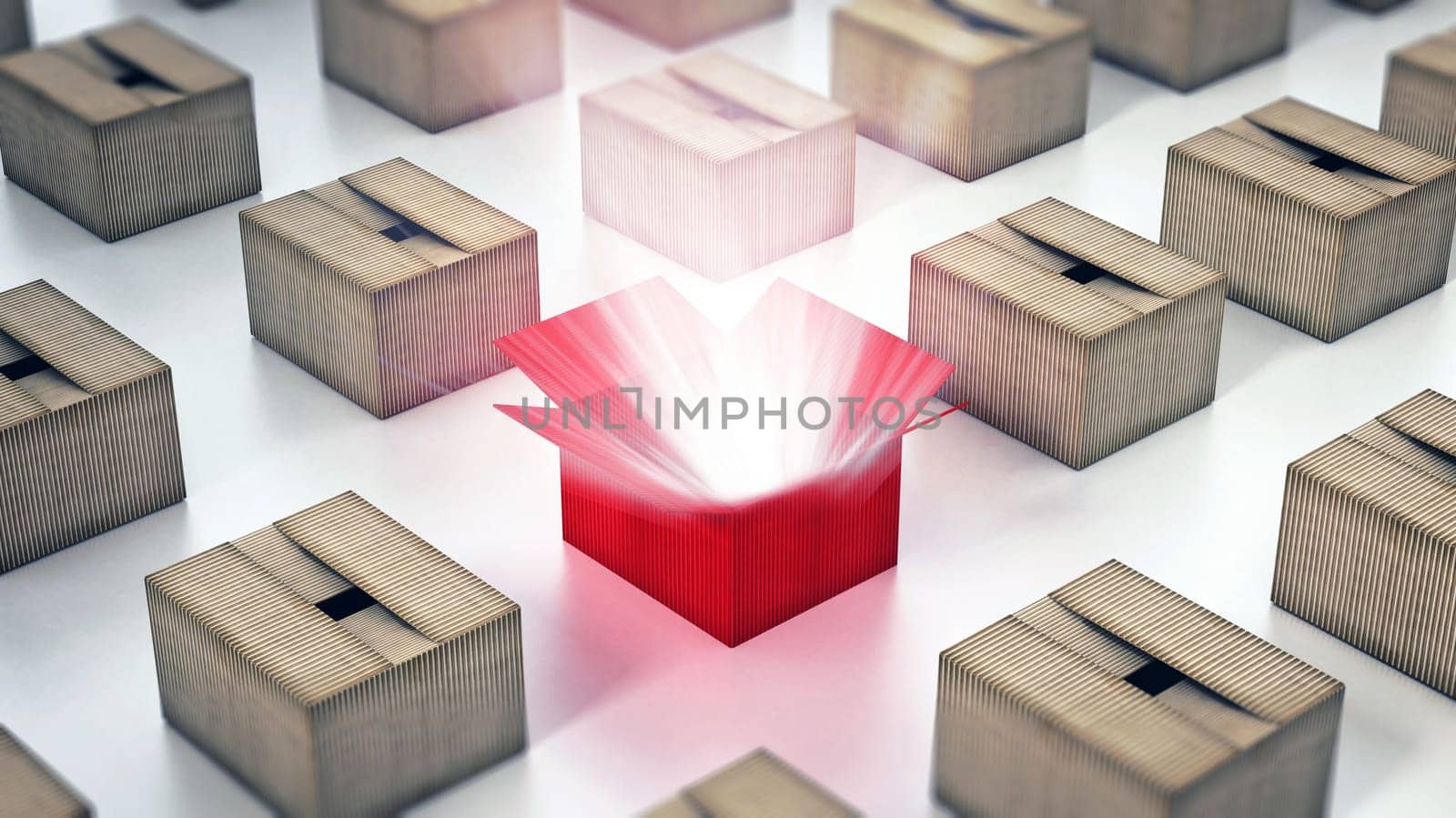 Red cardboard box with glowing light ray standing out. 3D illustration.