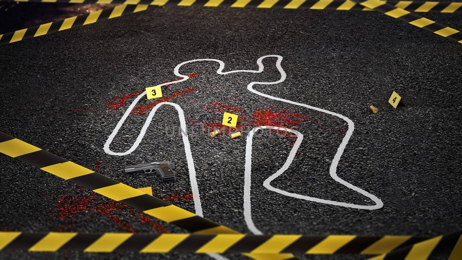 Crime scene of a murder case. 3D illustration.