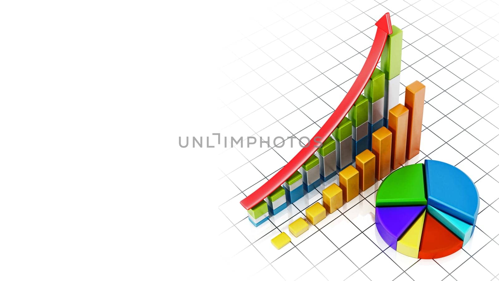 Rising sale bars and pie chart showing financial data. 3D illustration.