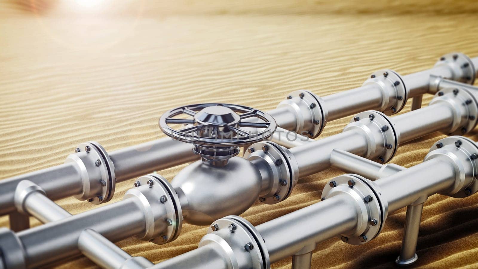 Oil pipeline on desert sand. 3D illustration.
