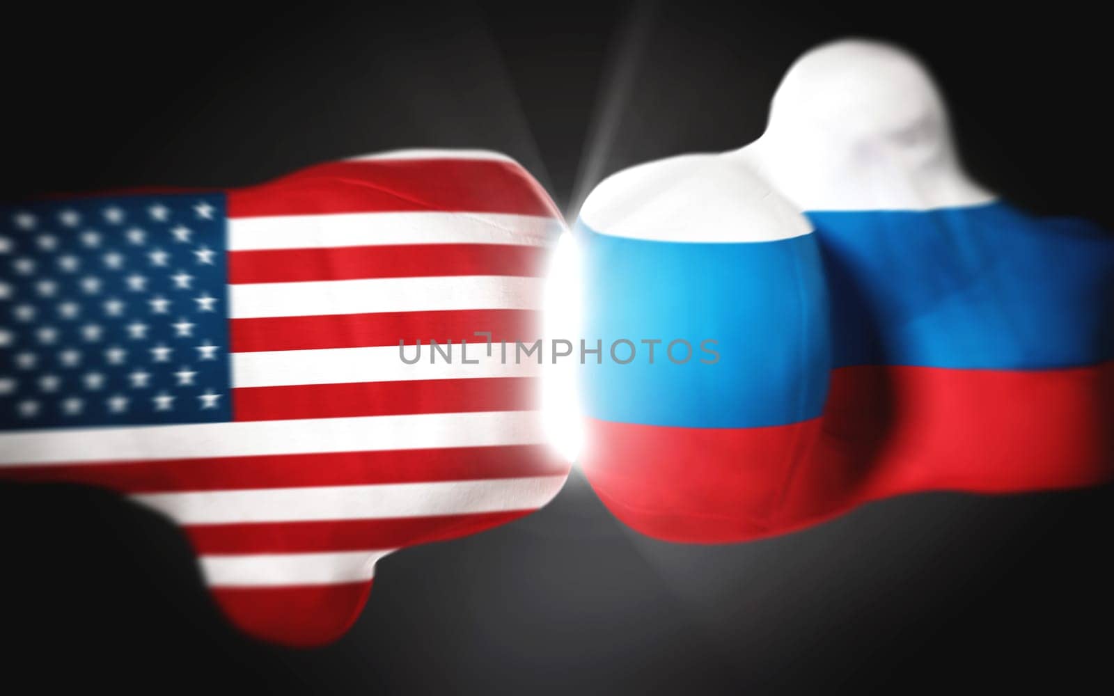 American and Russian flag textured boxing gloves on black. 3D illustration.