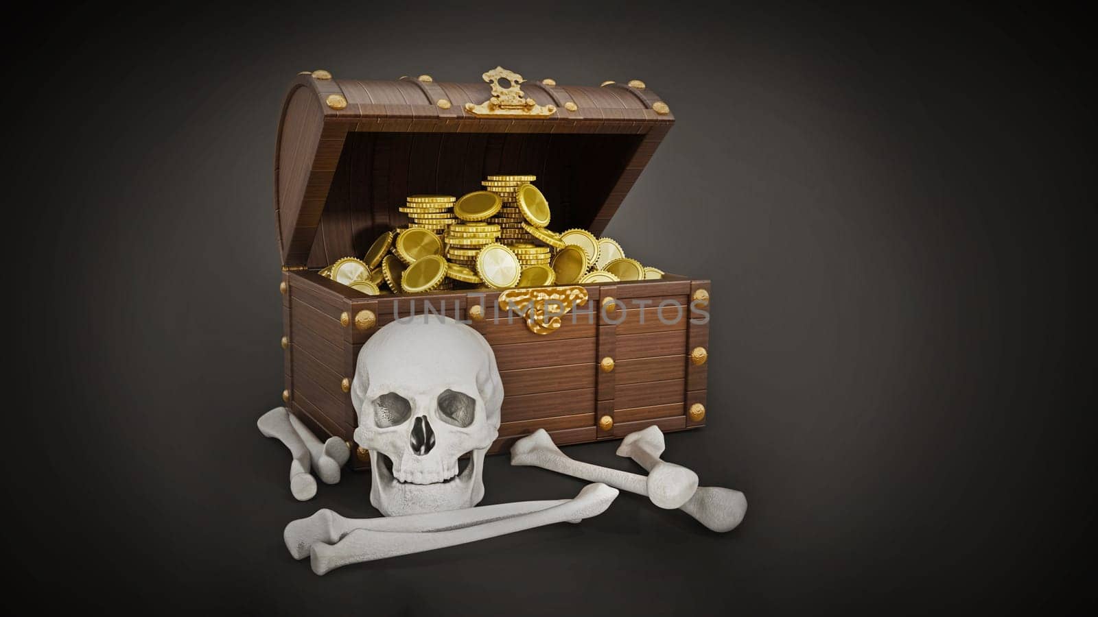 Chest full of gold, skull and bones. 3D illustration.