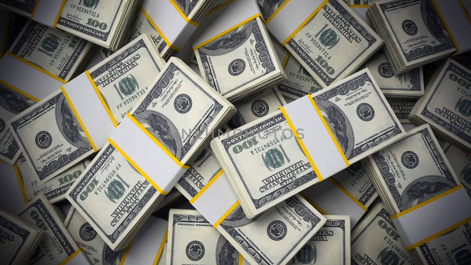 Stack of 100 dollar bills background. 3D illustration.