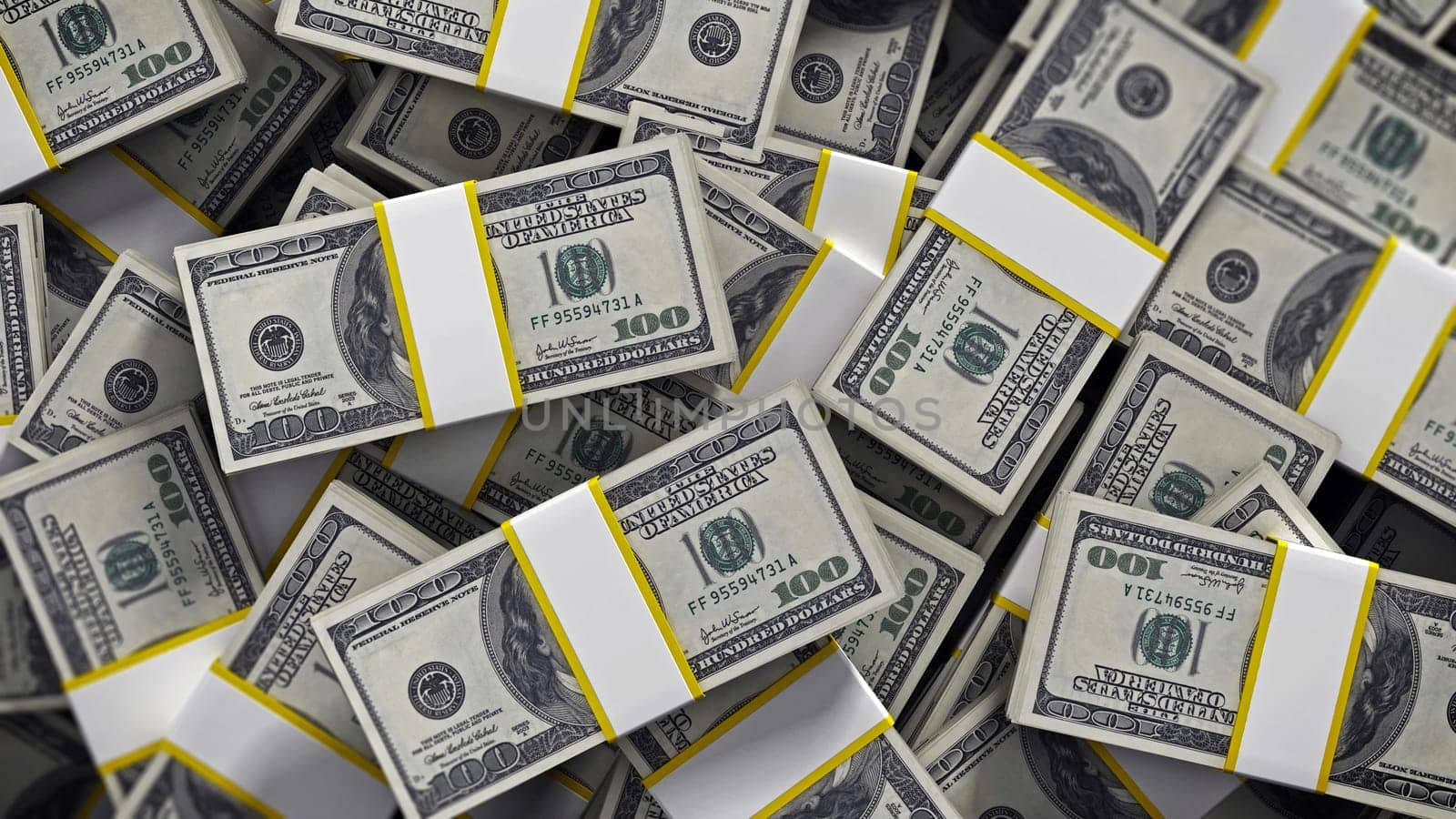 Horizontal 100 dollar money lots background. 3D illustration.