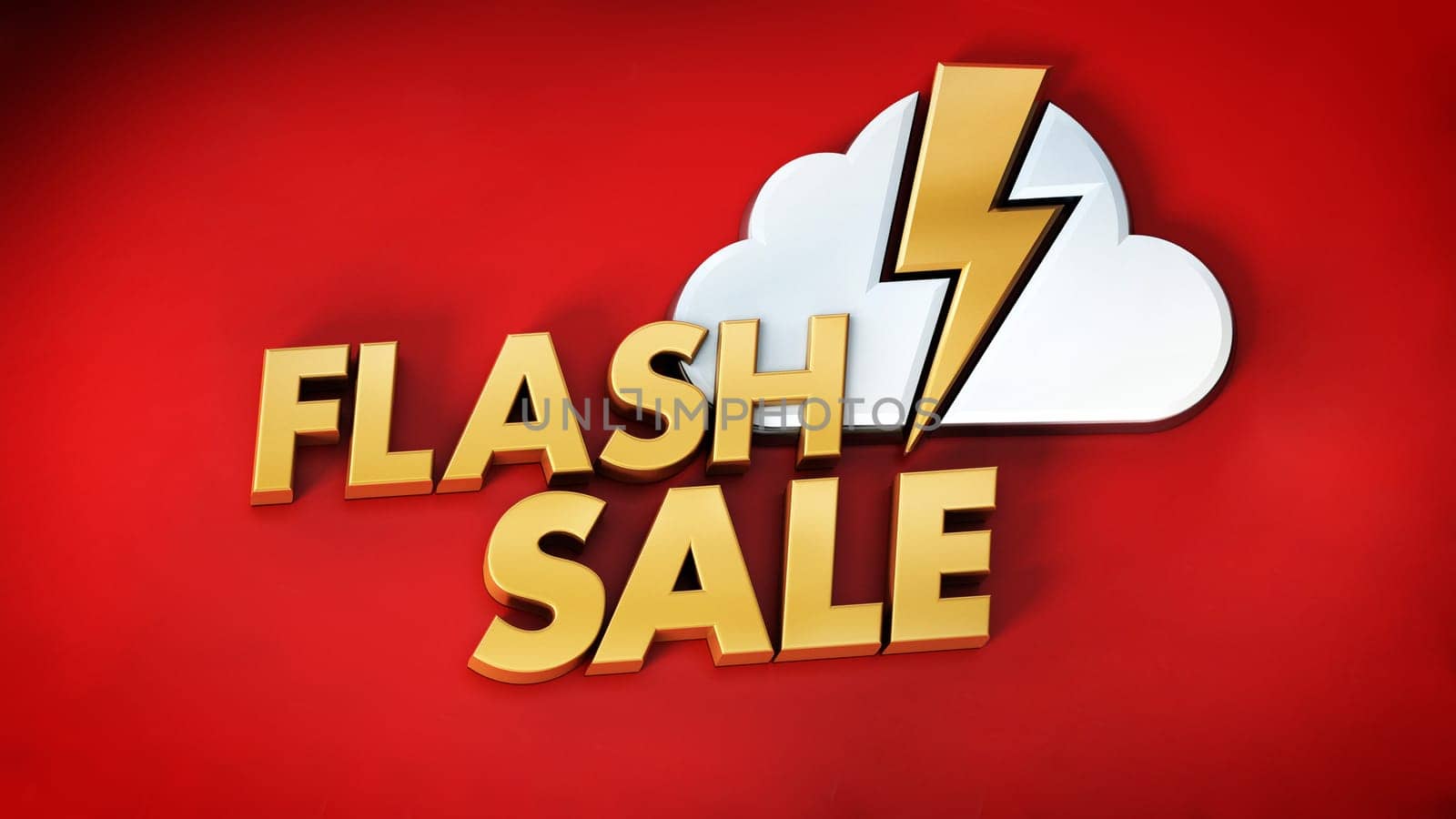 Flash sale text, cloud and lightning icon. 3D illustration.