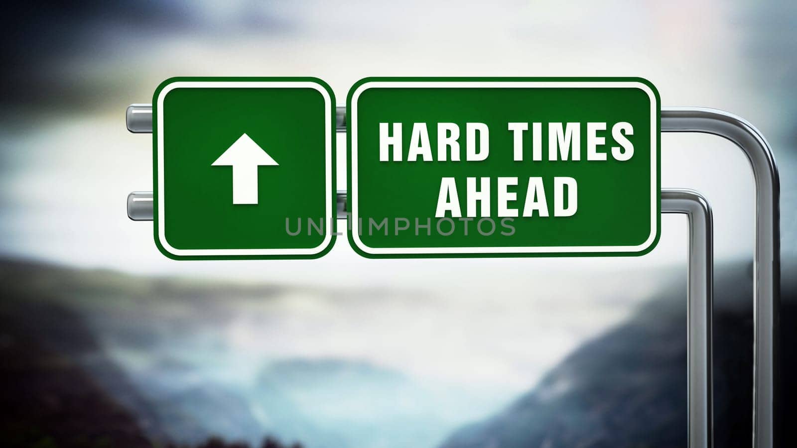 Hard times ahead signboard under dramatic sky. 3D illustration.