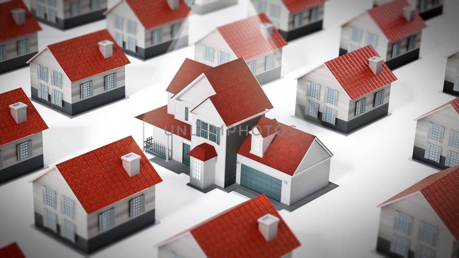 Luxury estate standing out against many regular houses. 3D illustration.