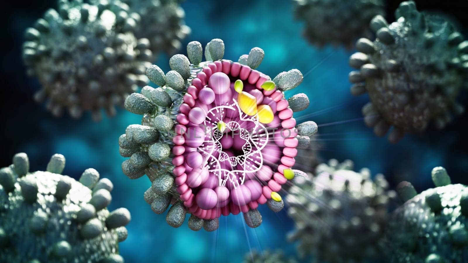 Structural detail of Hepatitis B virus on blue-green background. 3D illustration.