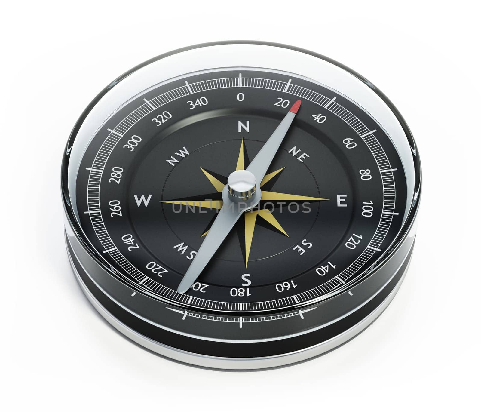 Vintage analogue navigational compass isolated on white background. 3D illustration.