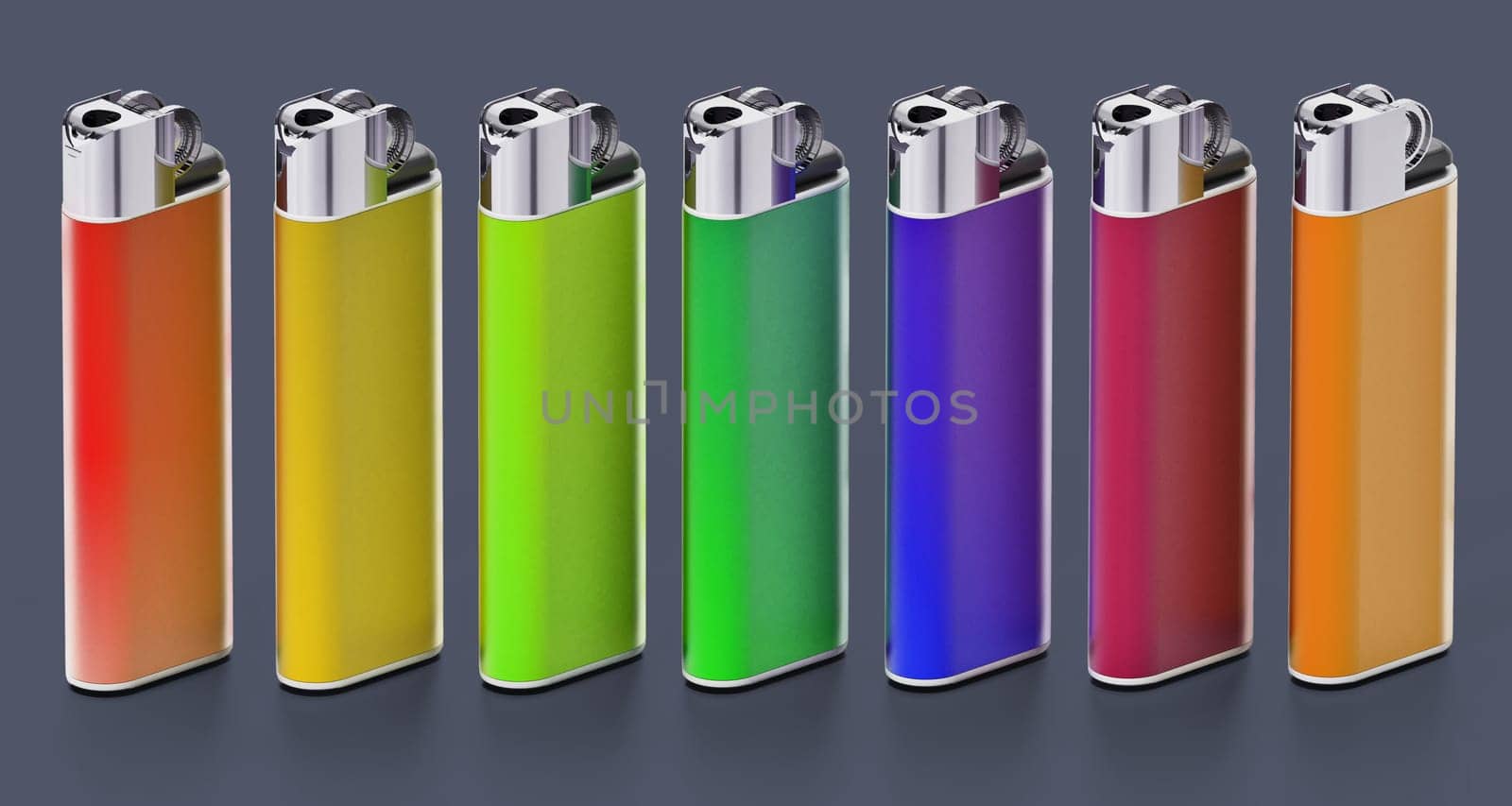 Generic multi colored lighters isolated on white background. 3D illustration.