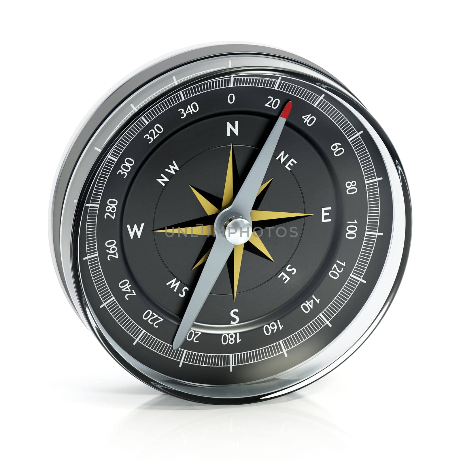 Vintage analogue navigational compass isolated on white background. 3D illustration.