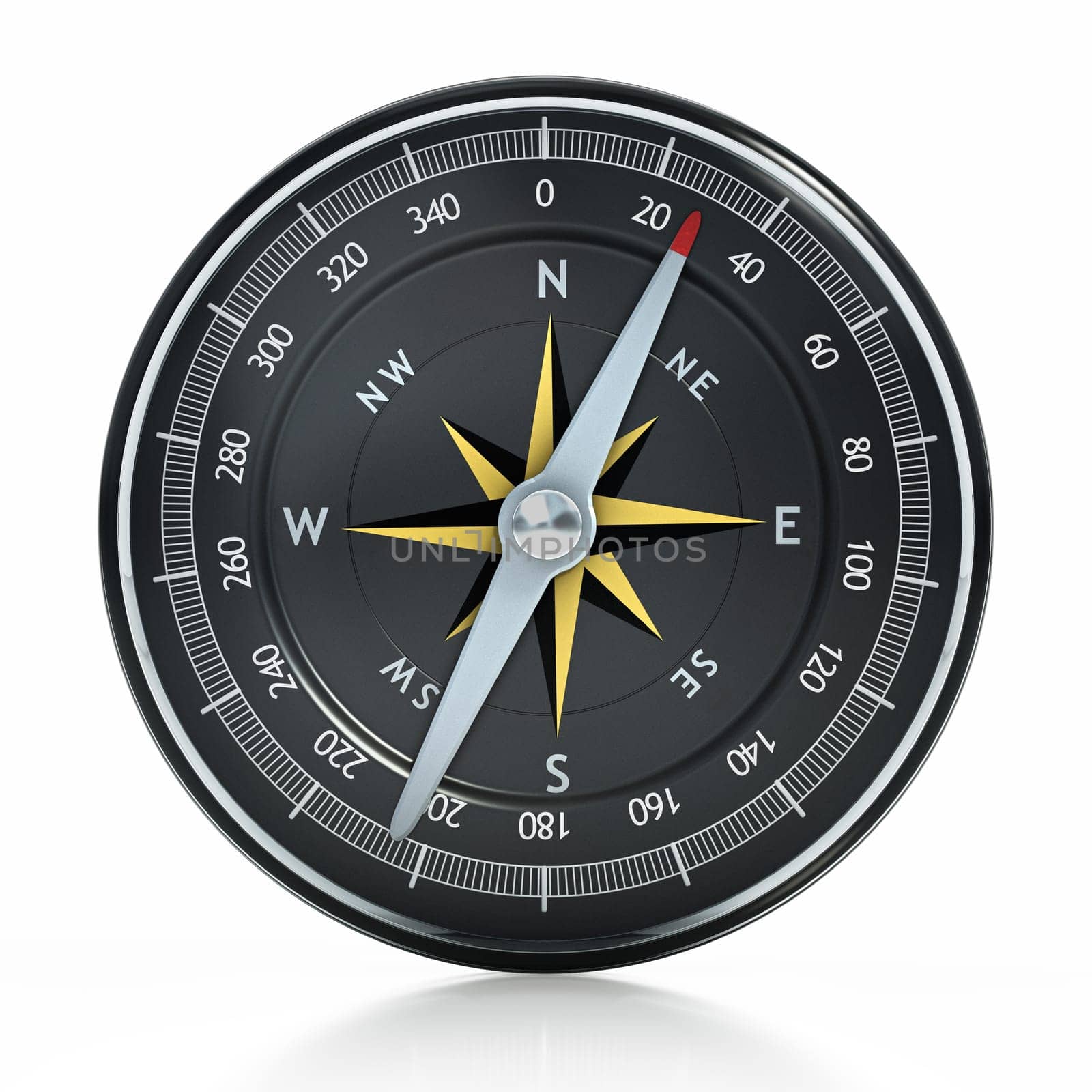 Vintage analogue navigational compass isolated on white background. 3D illustration.