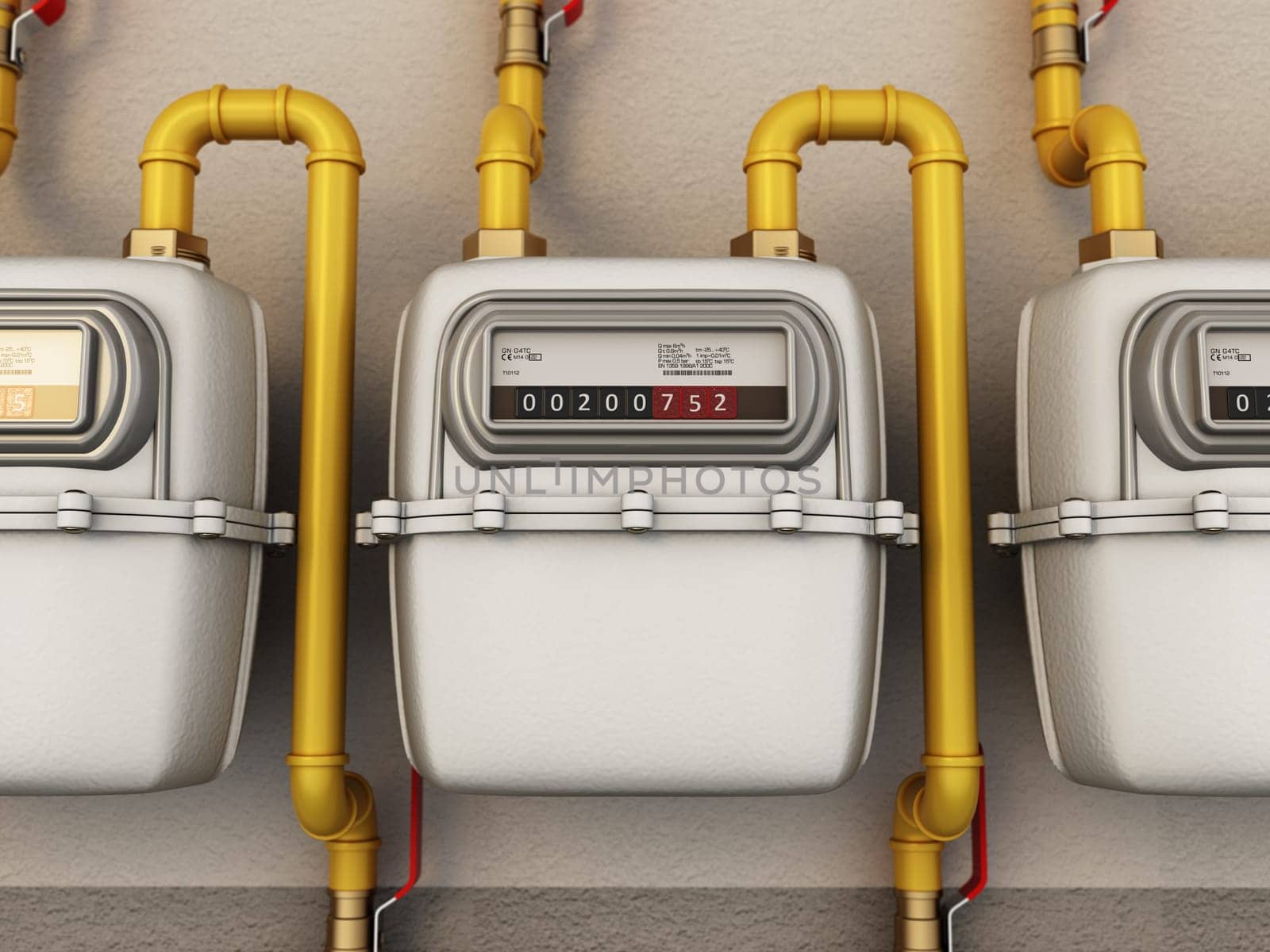 Domestic gas meters in a row. 3D illustration.