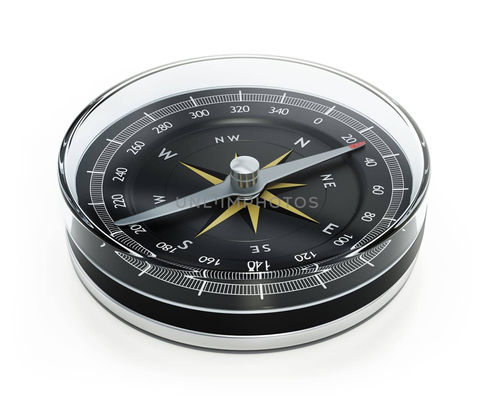 Vintage analogue navigational compass isolated on white background. 3D illustration.