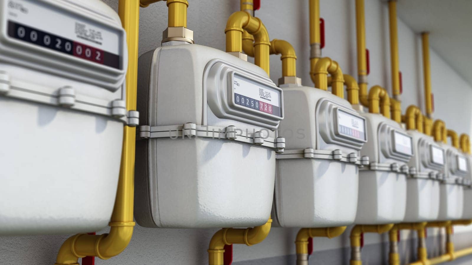 Domestic gas meters in a row. 3D illustration.
