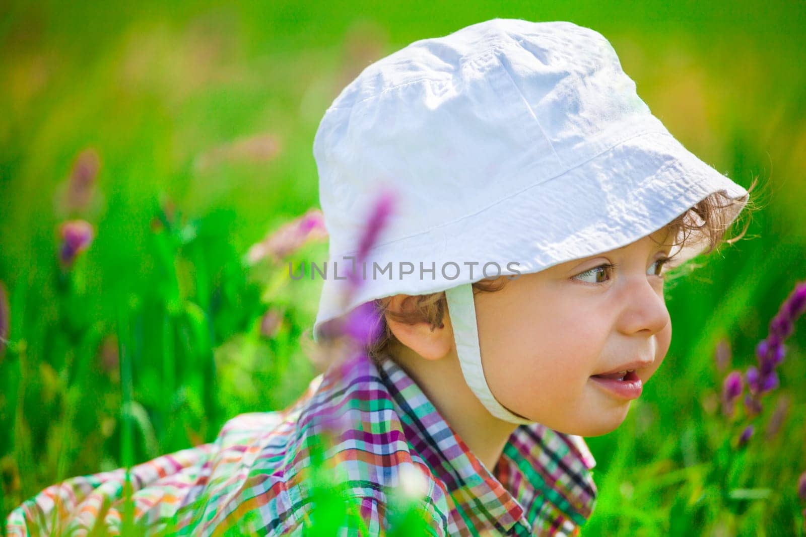 Portrait of 1 year old baby boy enjoying a day outdoor on a meadow.
