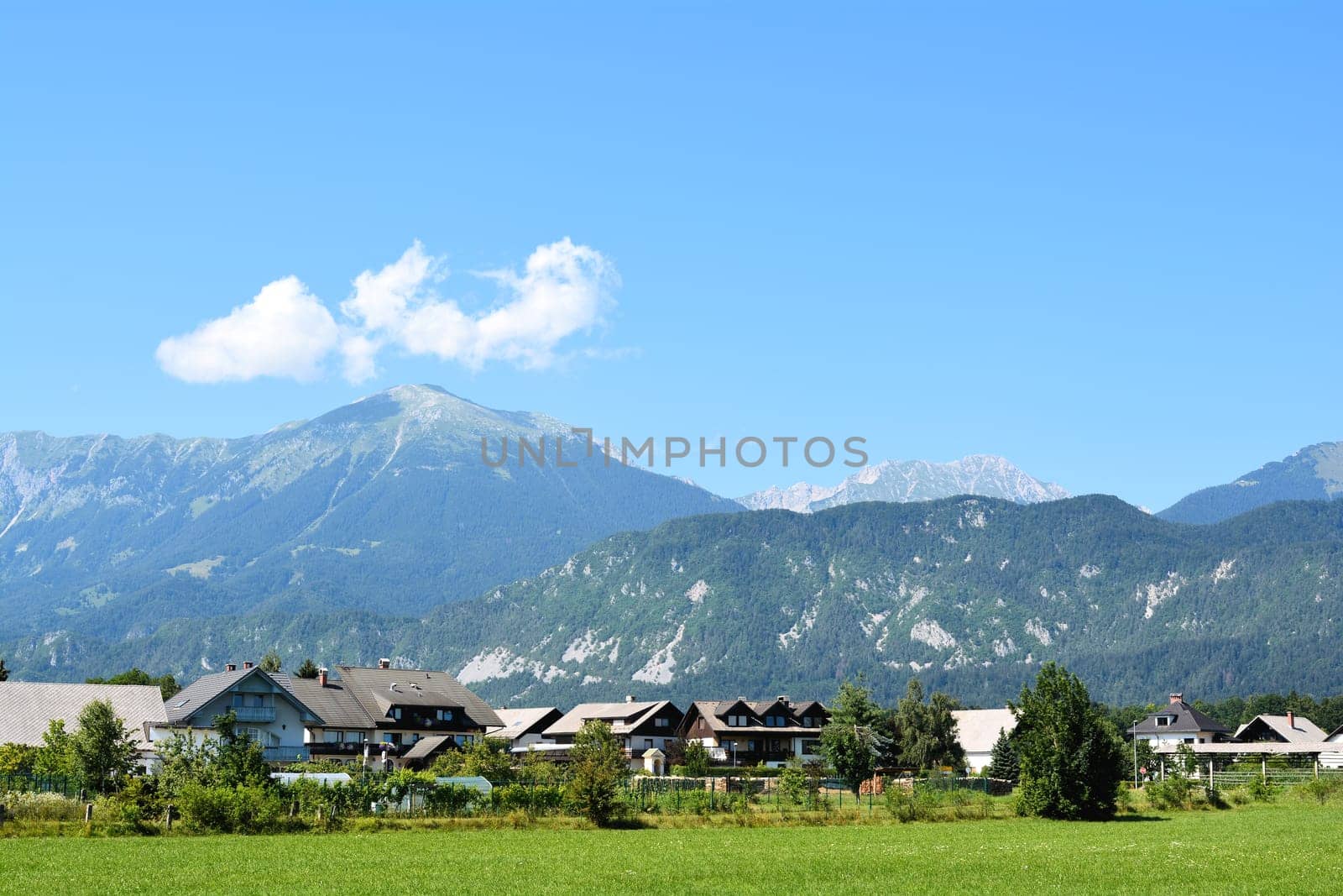 Alpine landscape on the outskirts of the village of Lesce in Slovenia