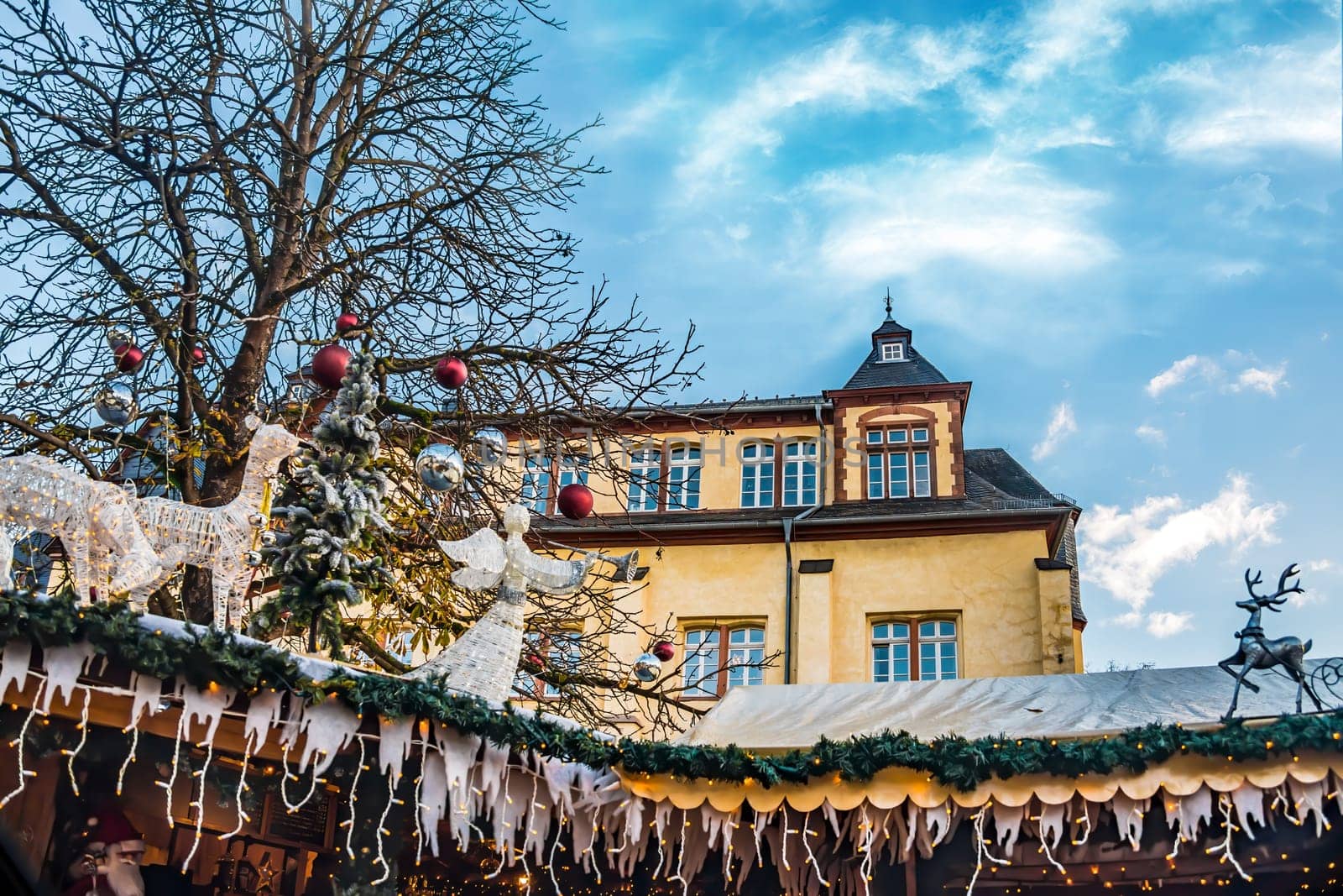 Detail of an idyllically decorated Christmas market in Germany