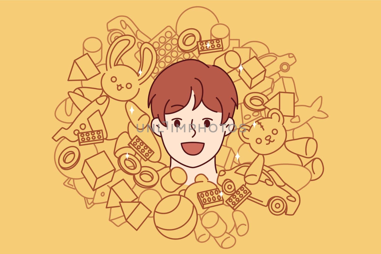 Face of teenager boy among toys and constructor for entertainment or development of child. Cheerful boy from kindergarten laughing enjoying happy childhood and abundance of toys for spending time