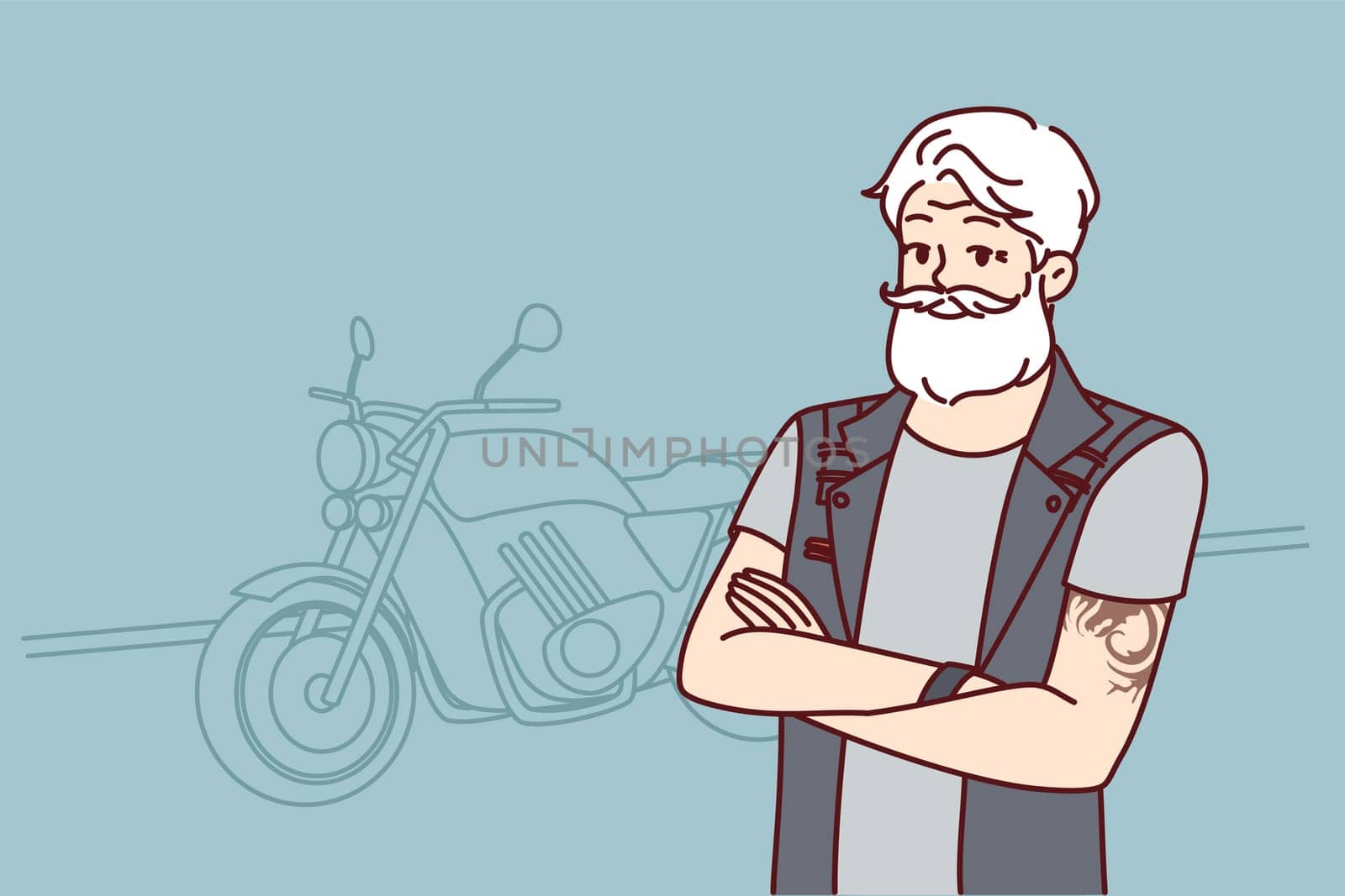 Old biker near motorcycle wishes to travel after retirement. Confident old man with tattoo on arms and gray hair is wearing biker vest for traveling around city or country on motorcycle