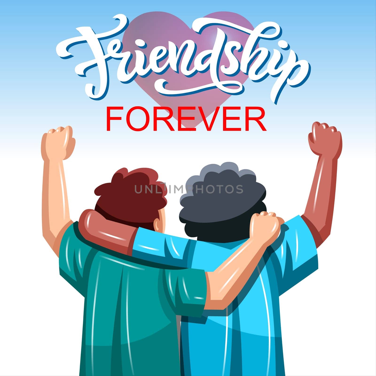 Friendship forever vector illustration. Two young men hugging each other. Friendship day concept.