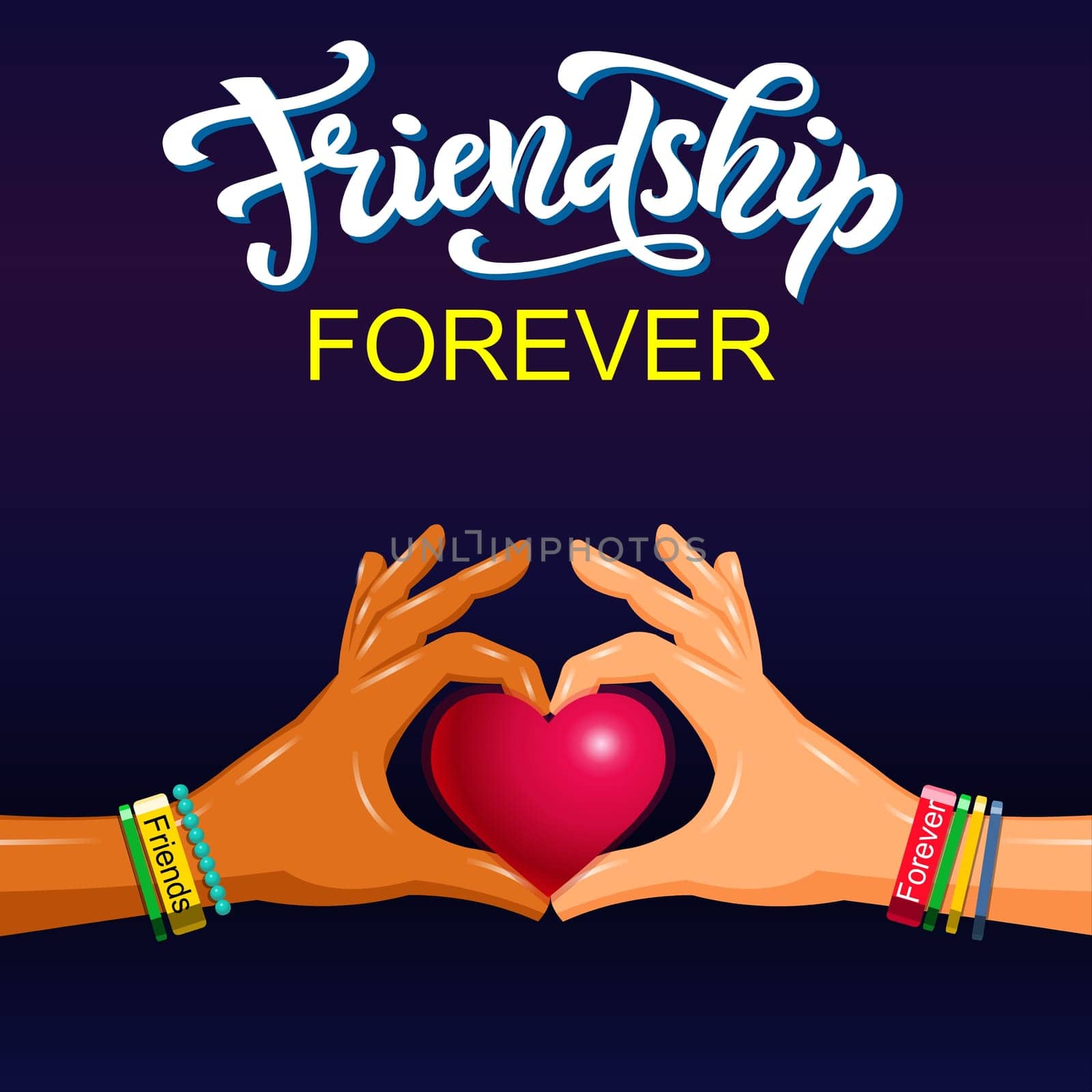 Friendship day greeting card with hands and heart. Vector illustration