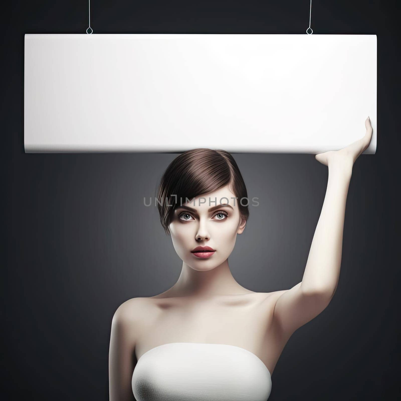 Portrait of a beautiful young woman with blank banner. Advertising concept. - AI Generated