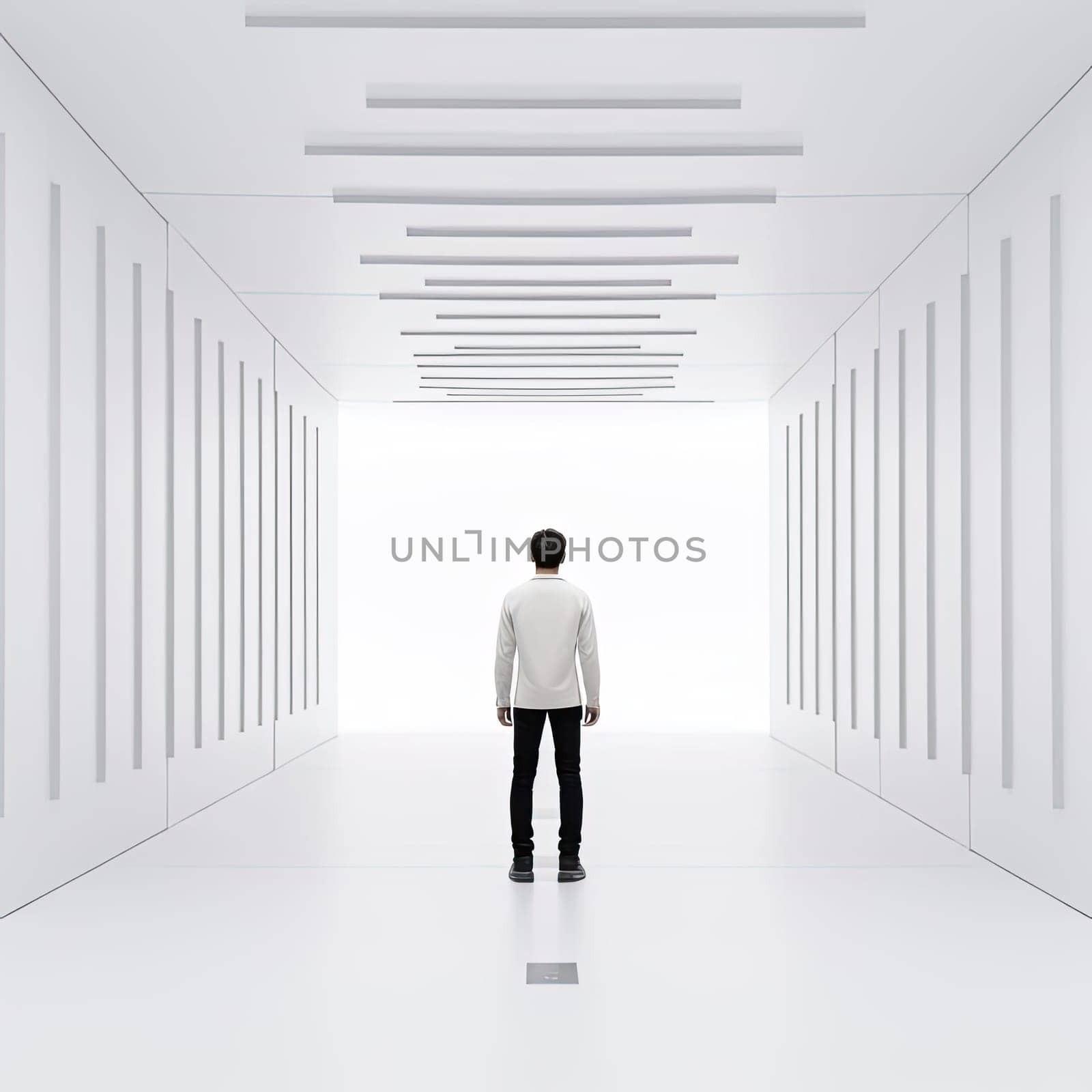 businessman standing in front of a white wall and looking at it - AI Generated