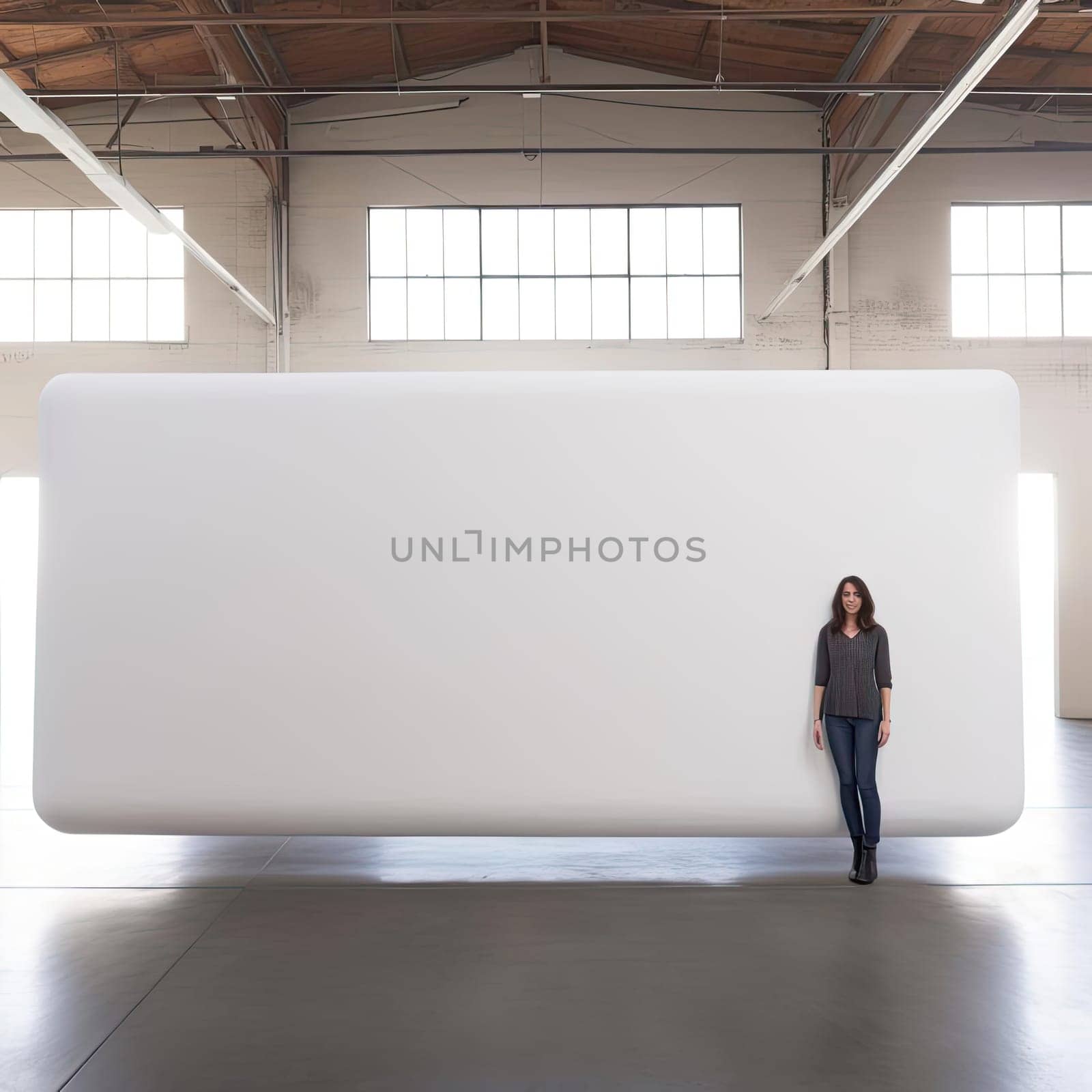 Woman standing in front of a large blank white poster in a warehouse - AI Generated