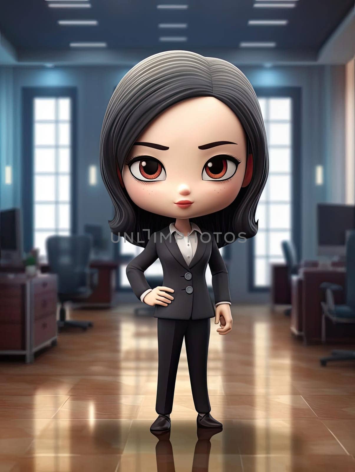 Cute businesswoman standing in the office room, 3d rendering. - AI Generated