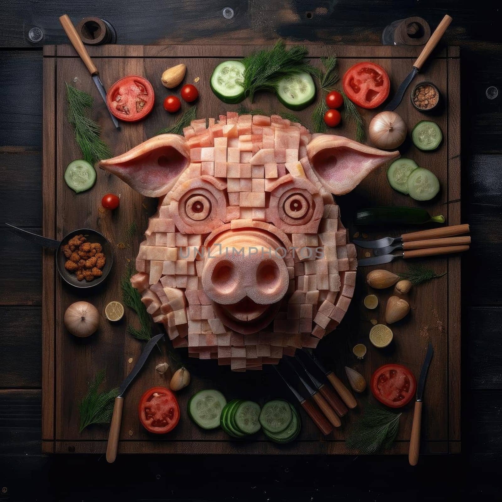 Pig made of sausage on a wooden background. - AI Generated