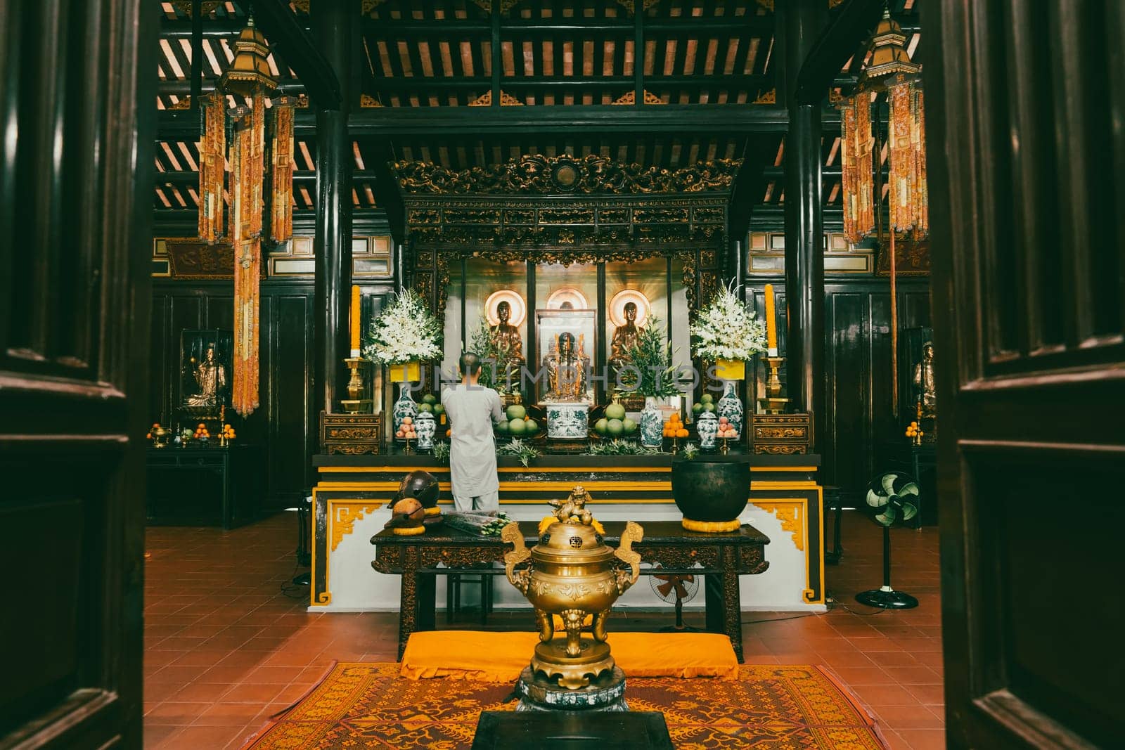 Hue, Vietnam, November 17, 2022: Interior of Thien Mu Buddhist Temple in Hue, Central Vietnam