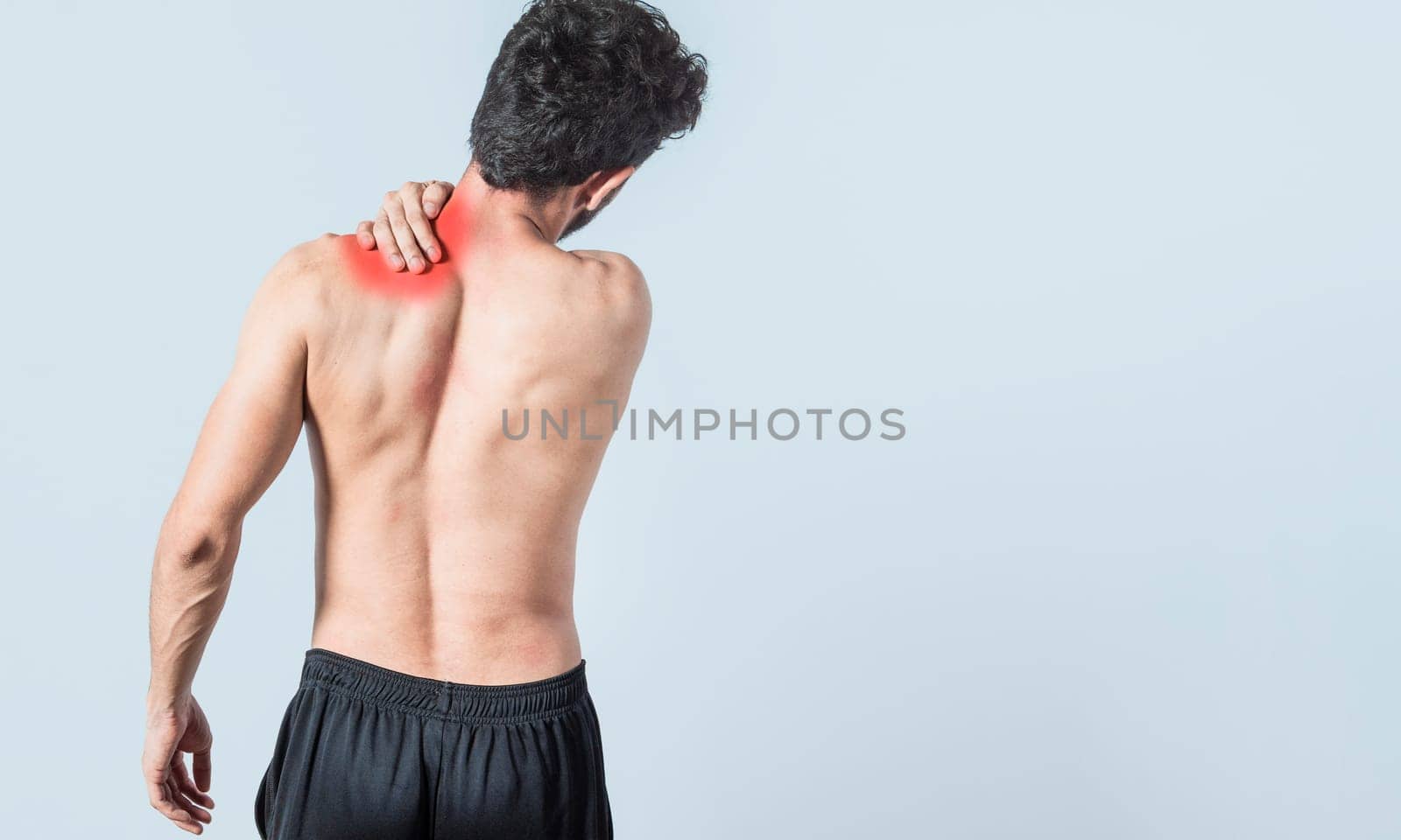 shirtless man with neck pain, man with neck pain on isolated background, neck pain and stress concept, man with neck muscle pain