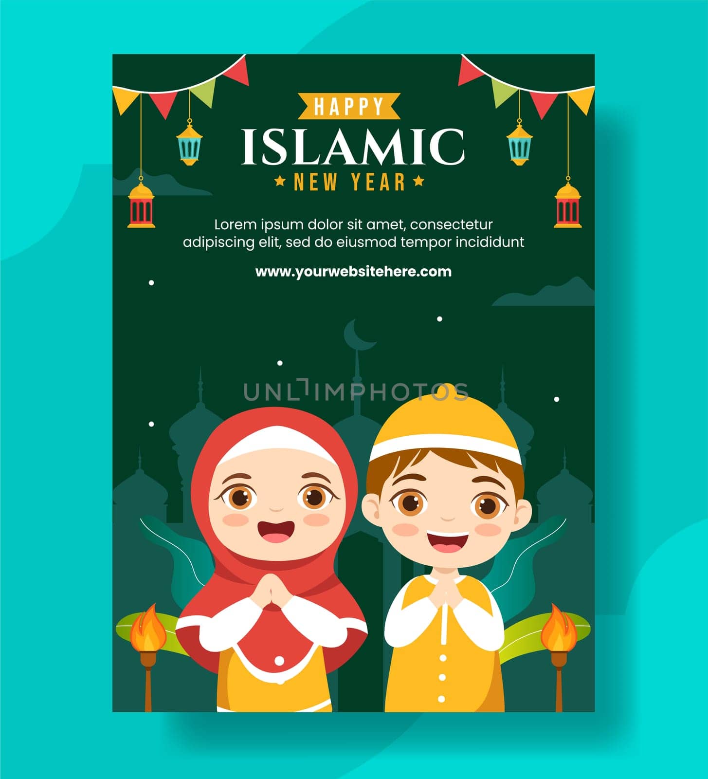 Happy Muharram Islamic New Year Vertical Poster Flat Cartoon Hand Drawn Templates Background Illustration by denayuneyi